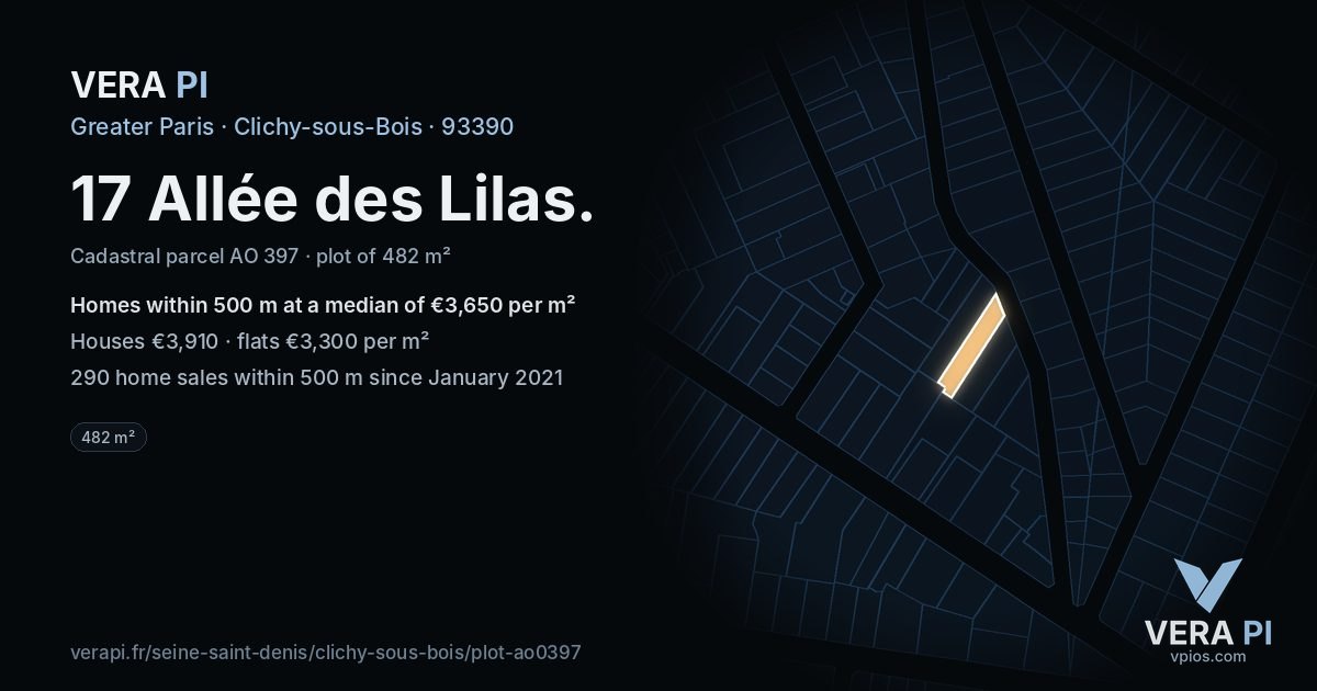 17 Allée des Lilas, Clichy-sous-Bois at night – the plot lit, the parcels around coloured by the prices near them
