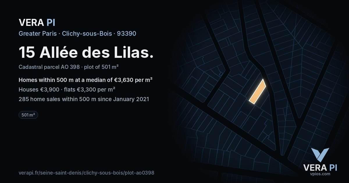 15 Allée des Lilas, Clichy-sous-Bois at night – the plot lit, the parcels around coloured by the prices near them