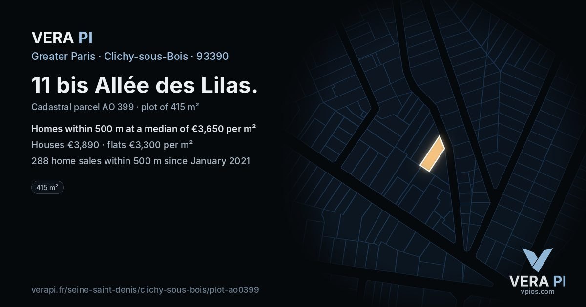 11 bis Allée des Lilas, Clichy-sous-Bois at night – the plot lit, the parcels around coloured by the prices near them