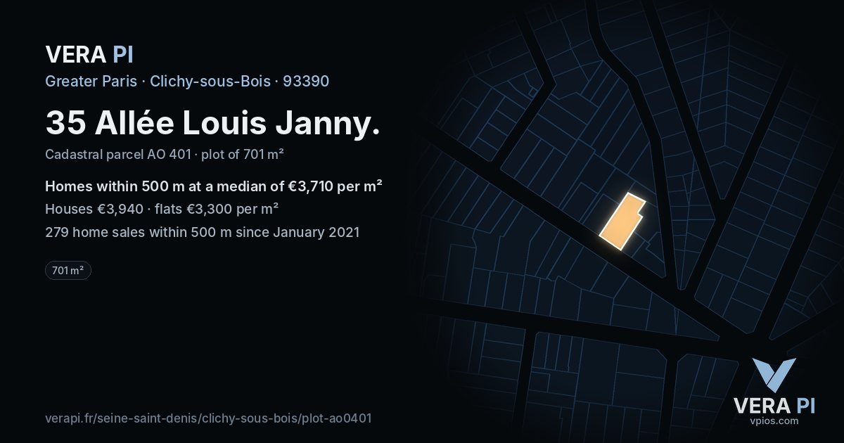 35 Allée Louis Janny, Clichy-sous-Bois at night – the plot lit, the parcels around coloured by the prices near them