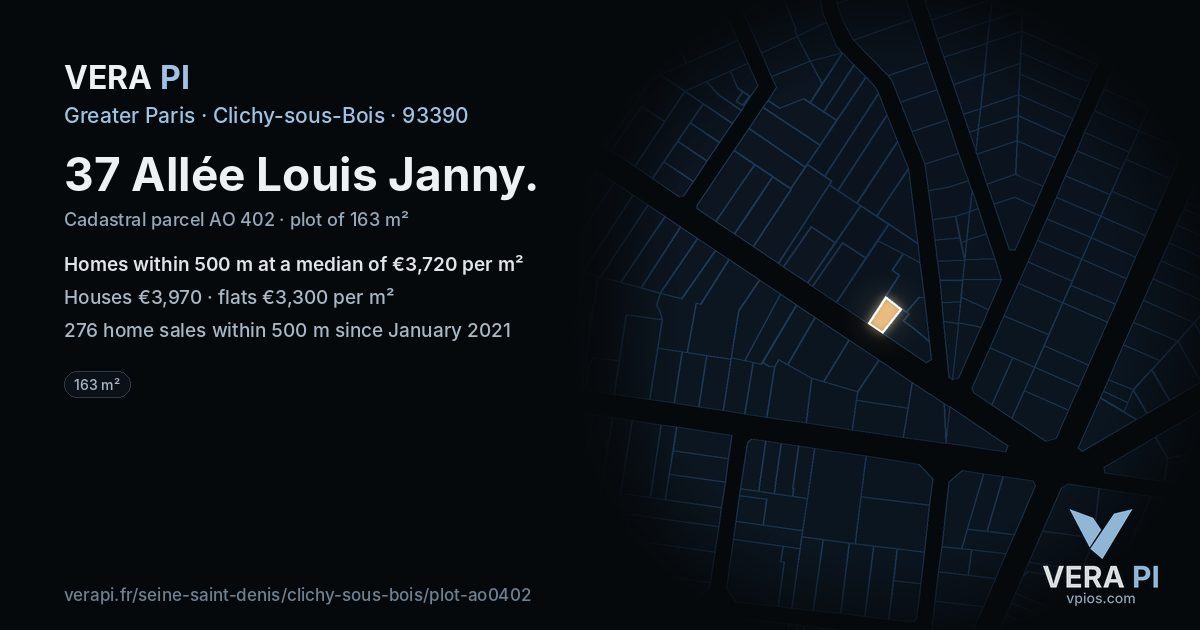 37 Allée Louis Janny, Clichy-sous-Bois at night – the plot lit, the parcels around coloured by the prices near them