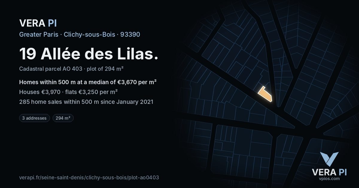 19 Allée des Lilas, Clichy-sous-Bois at night – the plot lit, the parcels around coloured by the prices near them