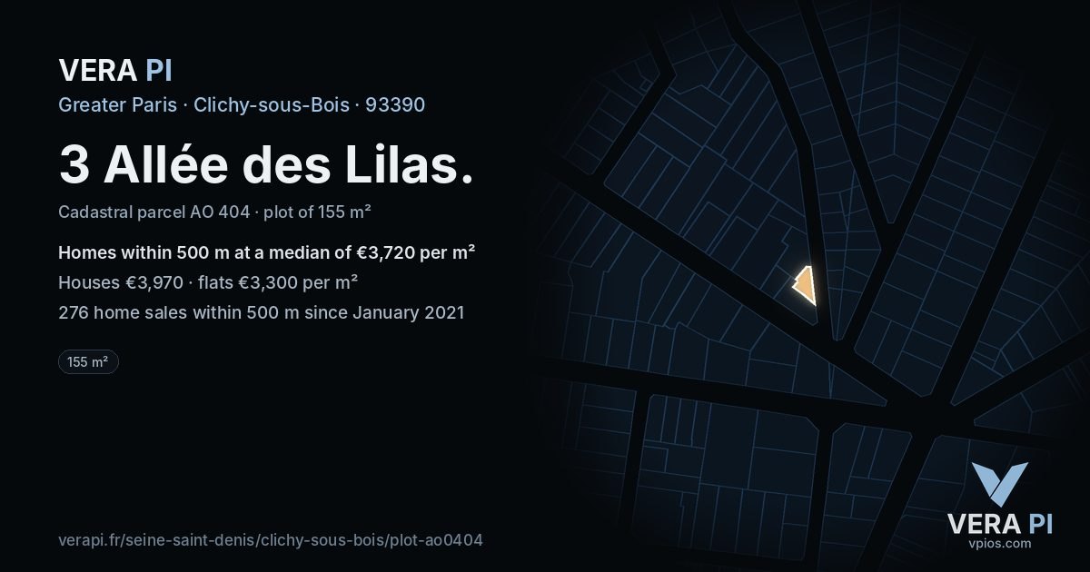 3 Allée des Lilas, Clichy-sous-Bois at night – the plot lit, the parcels around coloured by the prices near them
