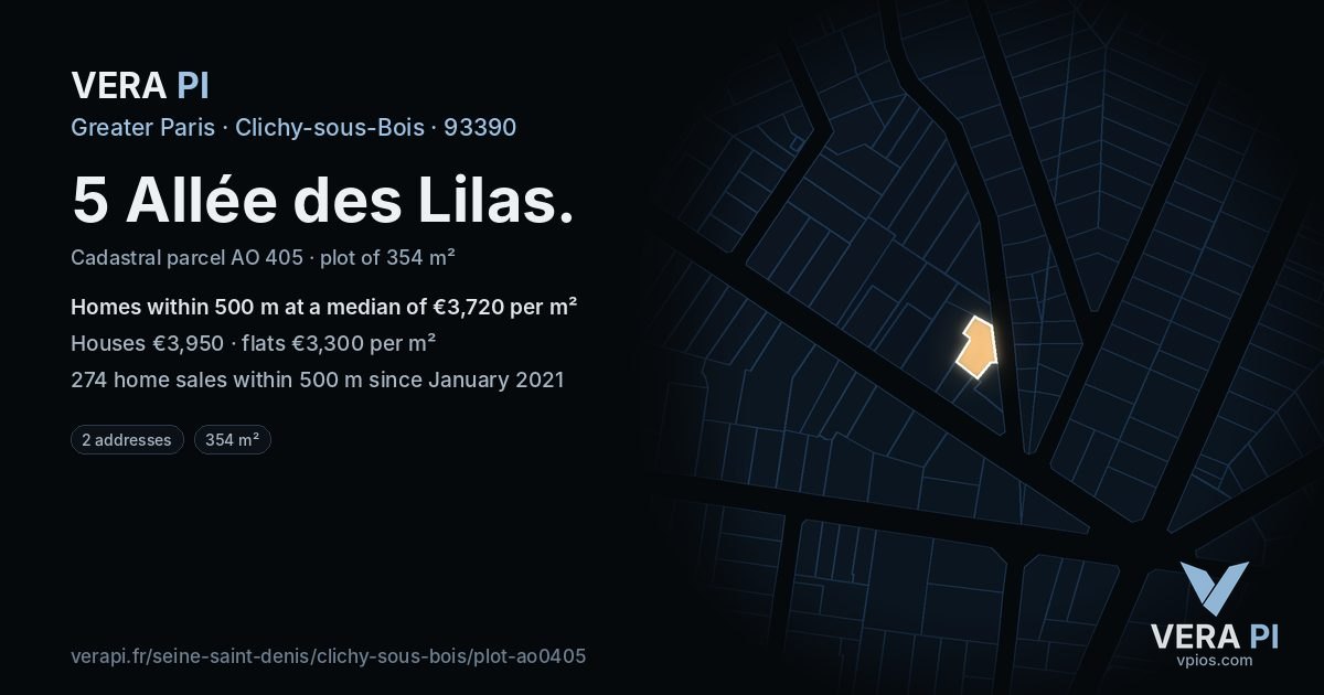 5 Allée des Lilas, Clichy-sous-Bois at night – the plot lit, the parcels around coloured by the prices near them