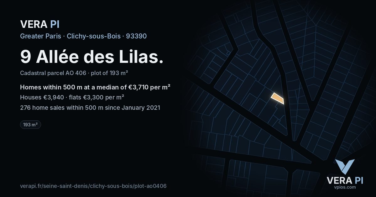 9 Allée des Lilas, Clichy-sous-Bois at night – the plot lit, the parcels around coloured by the prices near them
