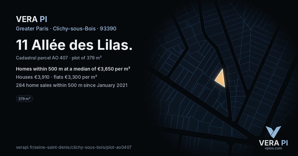 11 Allée des Lilas, Clichy-sous-Bois at night – the plot lit, the parcels around coloured by the prices near them