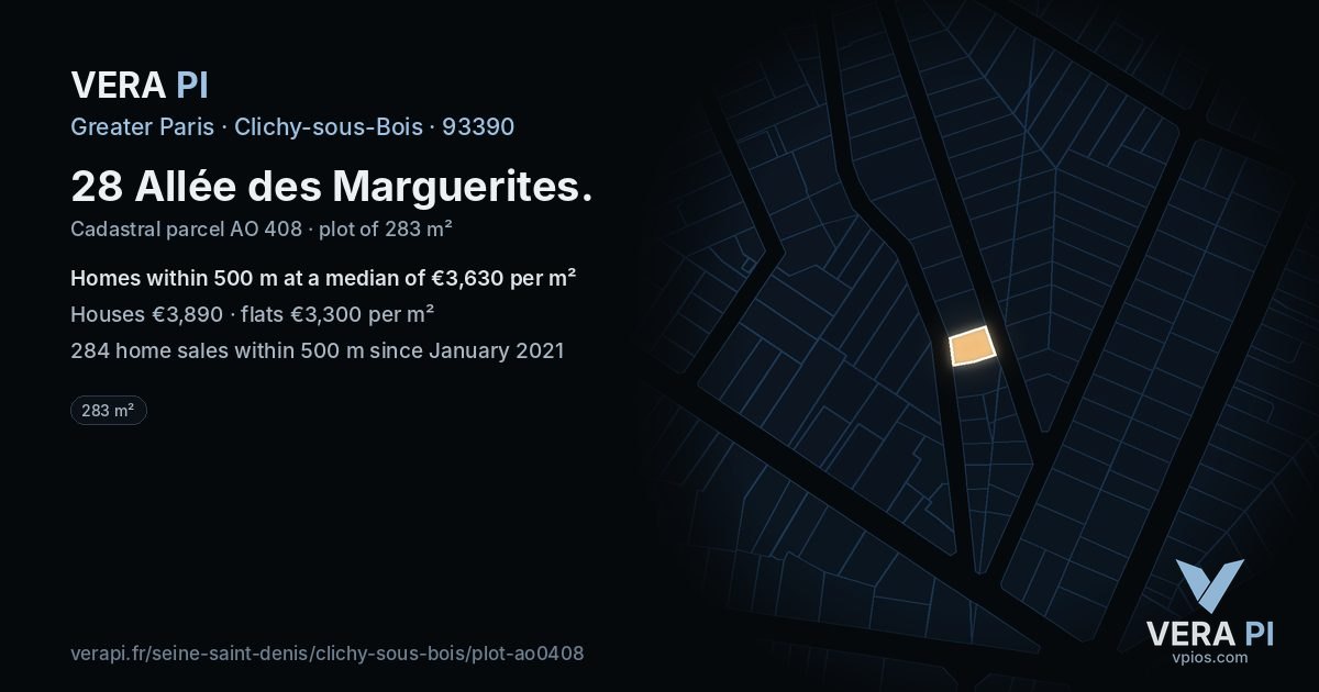 28 Allée des Marguerites, Clichy-sous-Bois at night – the plot lit, the parcels around coloured by the prices near them