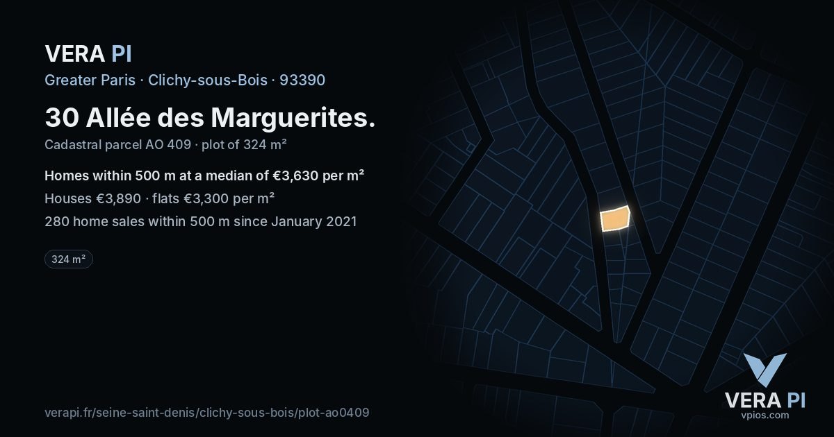 30 Allée des Marguerites, Clichy-sous-Bois at night – the plot lit, the parcels around coloured by the prices near them