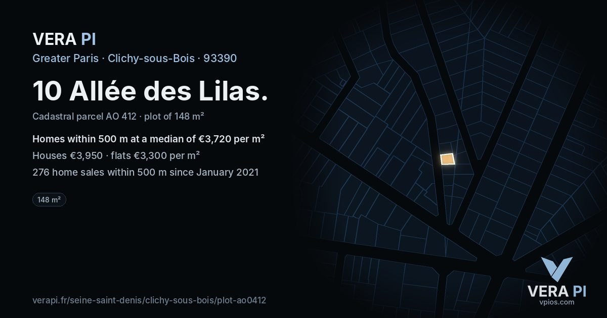 10 Allée des Lilas, Clichy-sous-Bois at night – the plot lit, the parcels around coloured by the prices near them