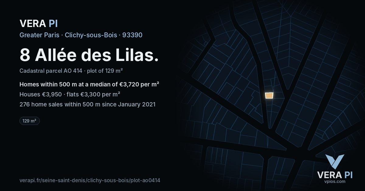 8 Allée des Lilas, Clichy-sous-Bois at night – the plot lit, the parcels around coloured by the prices near them
