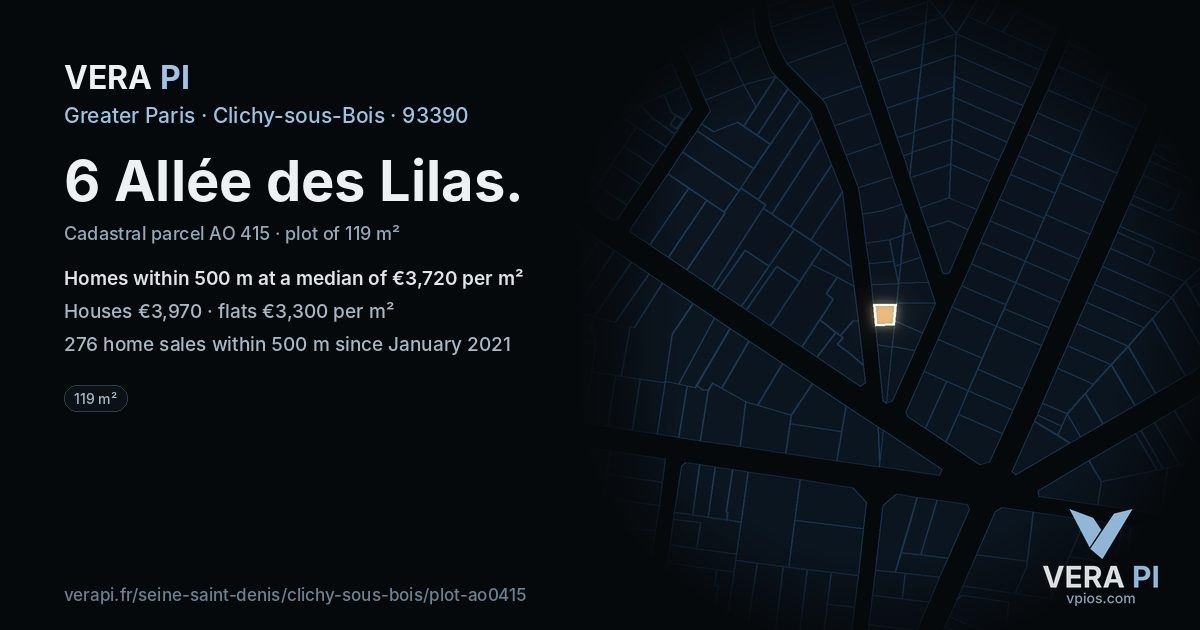 6 Allée des Lilas, Clichy-sous-Bois at night – the plot lit, the parcels around coloured by the prices near them