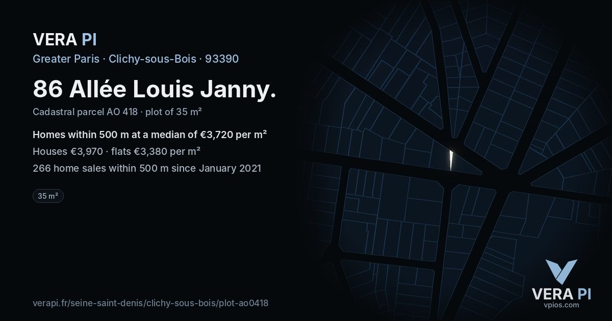 86 Allée Louis Janny, Clichy-sous-Bois at night – the plot lit, the parcels around coloured by the prices near them