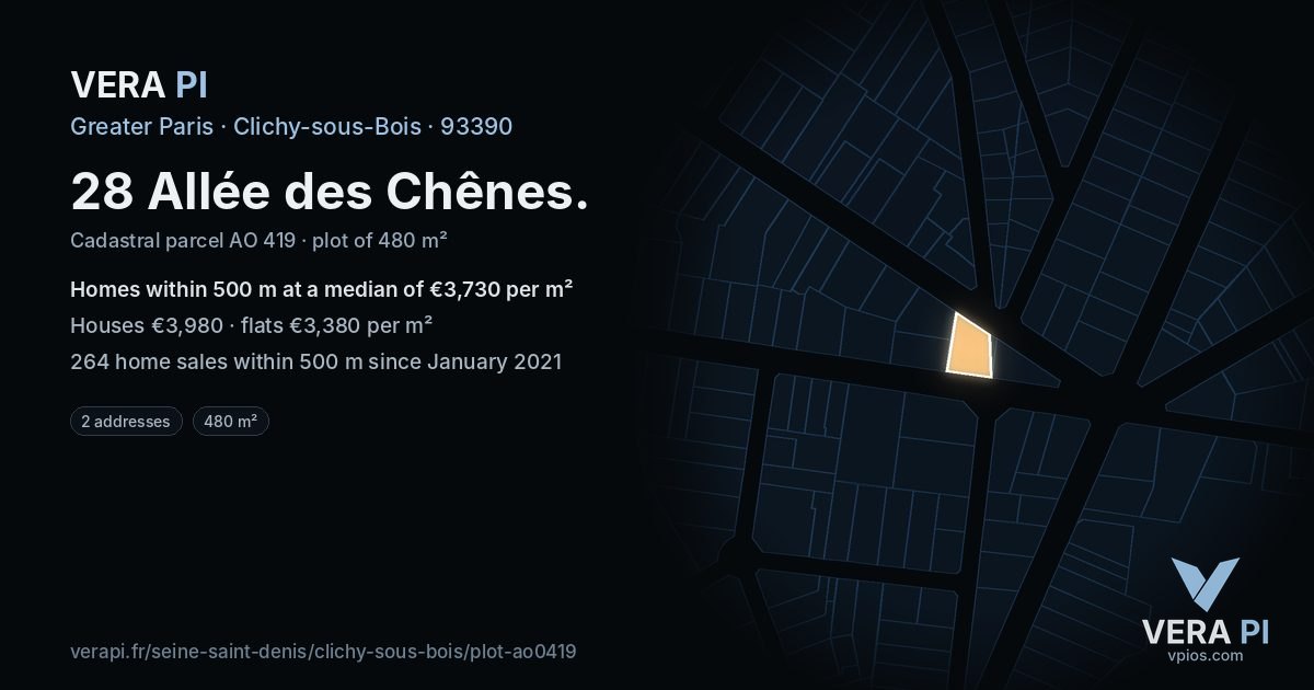 28 Allée des Chênes, Clichy-sous-Bois at night – the plot lit, the parcels around coloured by the prices near them