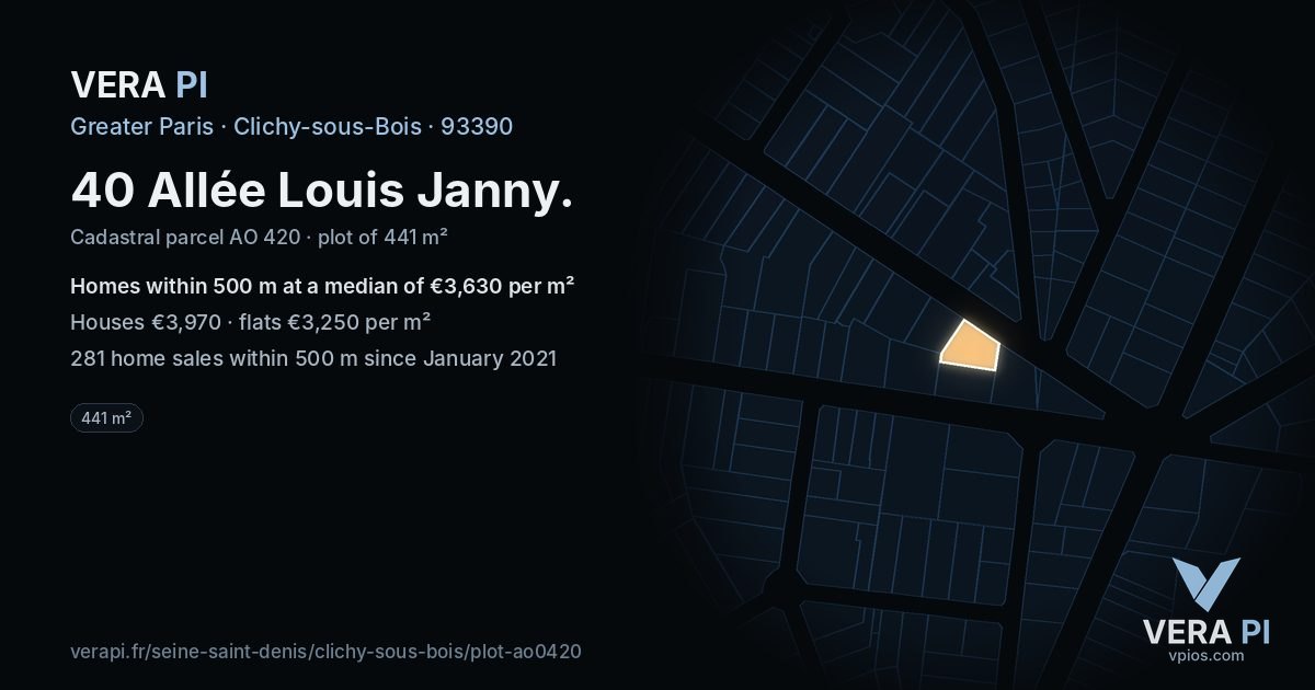 40 Allée Louis Janny, Clichy-sous-Bois at night – the plot lit, the parcels around coloured by the prices near them