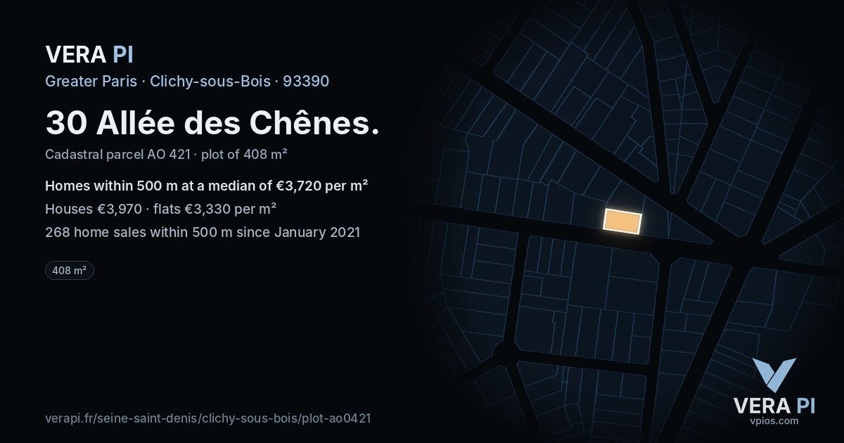 30 Allée des Chênes, Clichy-sous-Bois at night – the plot lit, the parcels around coloured by the prices near them