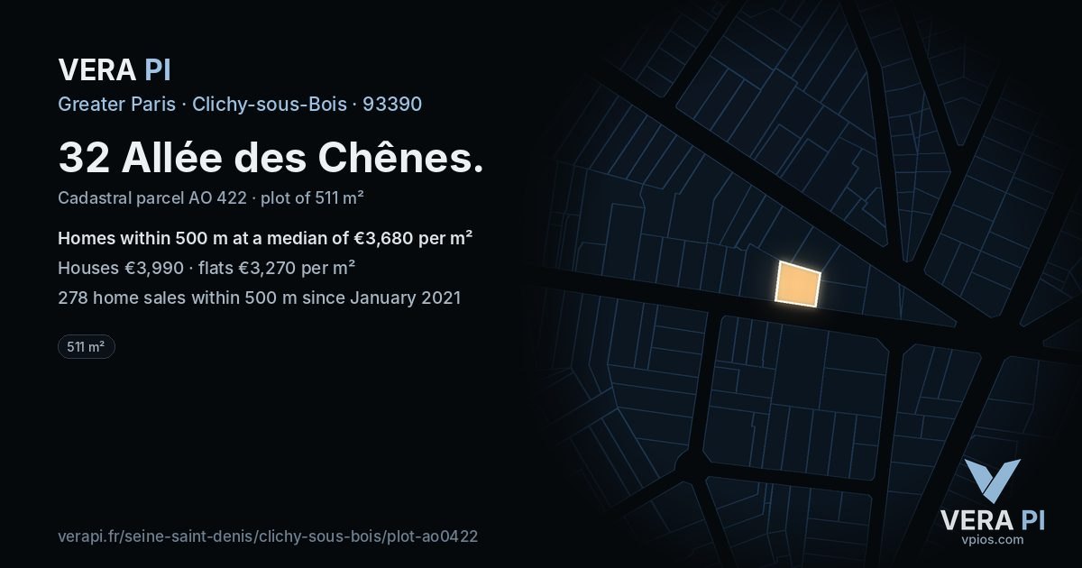 32 Allée des Chênes, Clichy-sous-Bois at night – the plot lit, the parcels around coloured by the prices near them