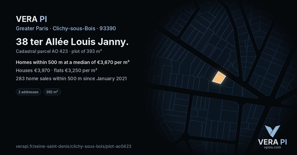 38 ter Allée Louis Janny, Clichy-sous-Bois at night – the plot lit, the parcels around coloured by the prices near them
