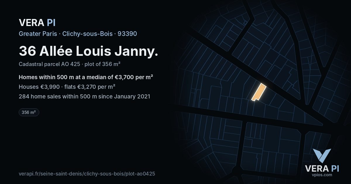 36 Allée Louis Janny, Clichy-sous-Bois at night – the plot lit, the parcels around coloured by the prices near them