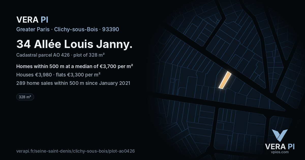 34 Allée Louis Janny, Clichy-sous-Bois at night – the plot lit, the parcels around coloured by the prices near them
