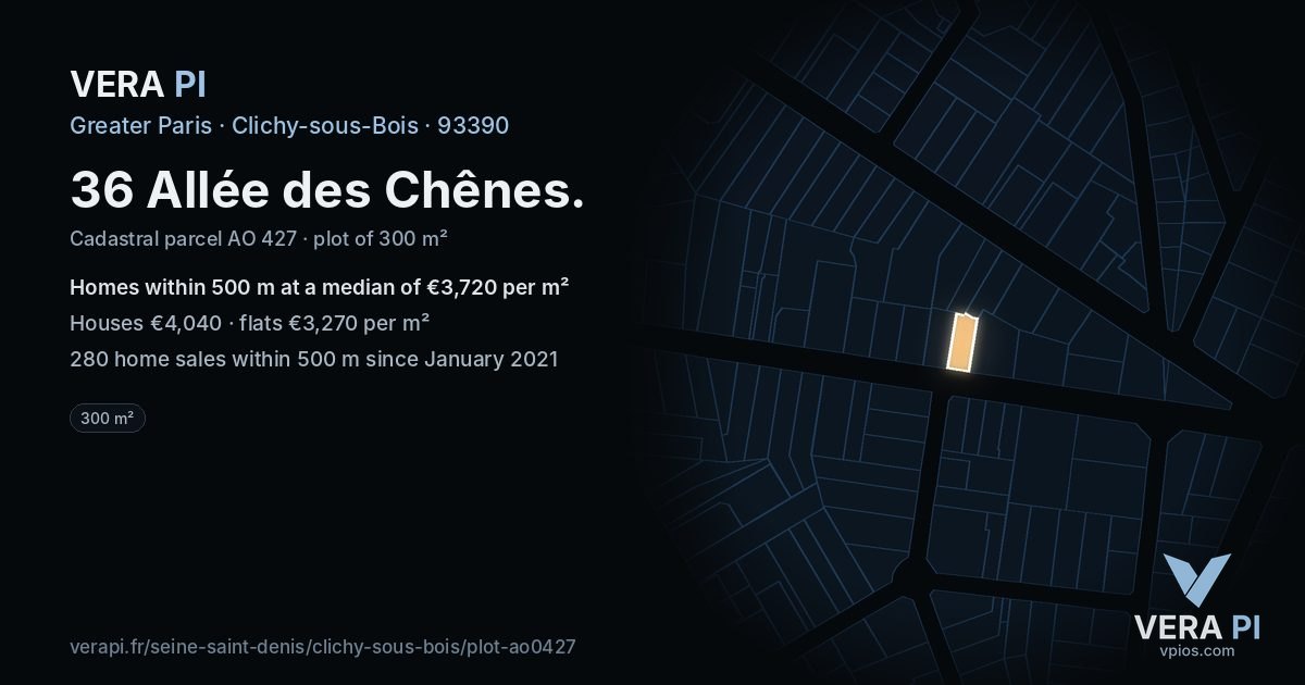 36 Allée des Chênes, Clichy-sous-Bois at night – the plot lit, the parcels around coloured by the prices near them