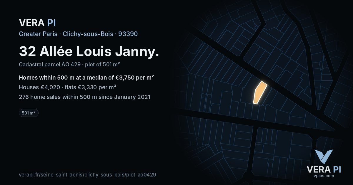 32 Allée Louis Janny, Clichy-sous-Bois at night – the plot lit, the parcels around coloured by the prices near them