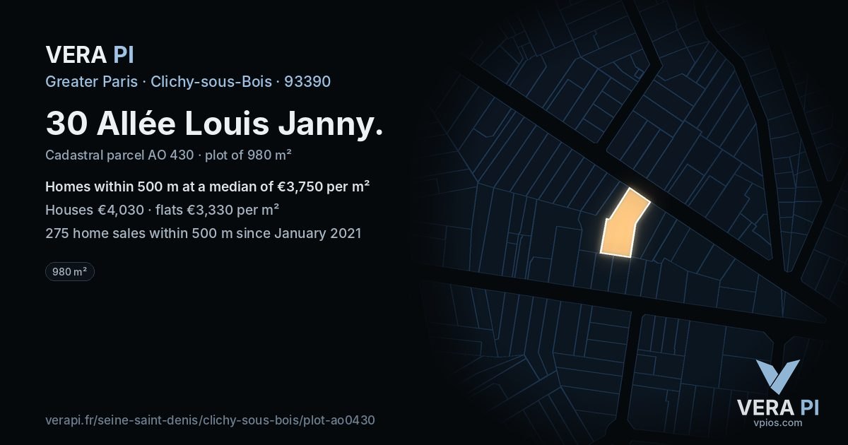 30 Allée Louis Janny, Clichy-sous-Bois at night – the plot lit, the parcels around coloured by the prices near them