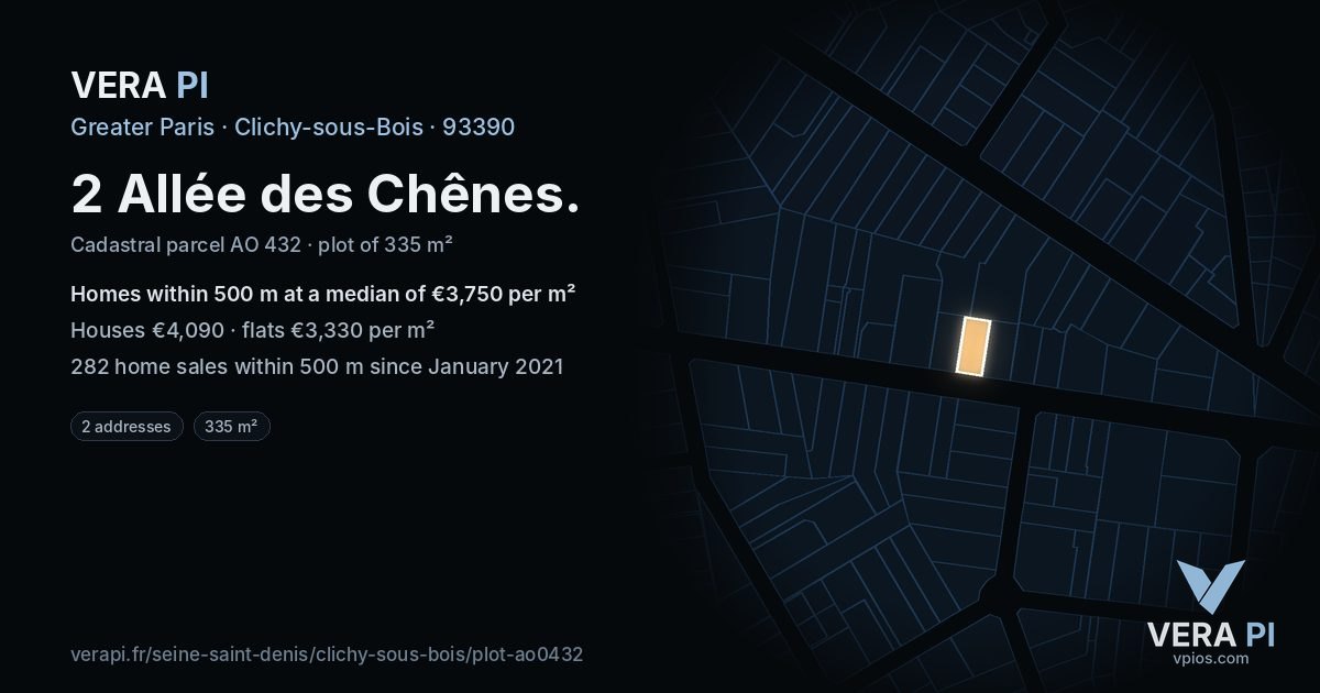 2 Allée des Chênes, Clichy-sous-Bois at night – the plot lit, the parcels around coloured by the prices near them