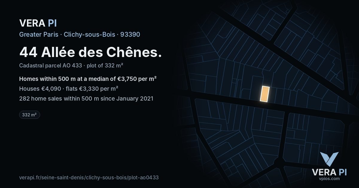 44 Allée des Chênes, Clichy-sous-Bois at night – the plot lit, the parcels around coloured by the prices near them