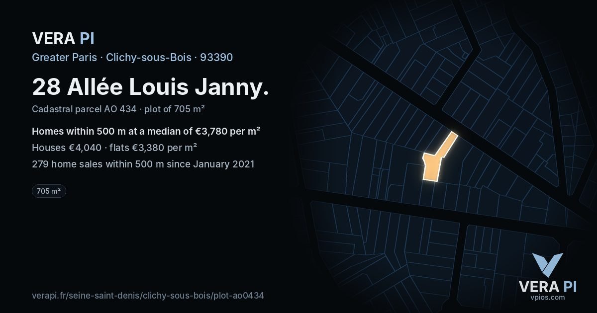 28 Allée Louis Janny, Clichy-sous-Bois at night – the plot lit, the parcels around coloured by the prices near them