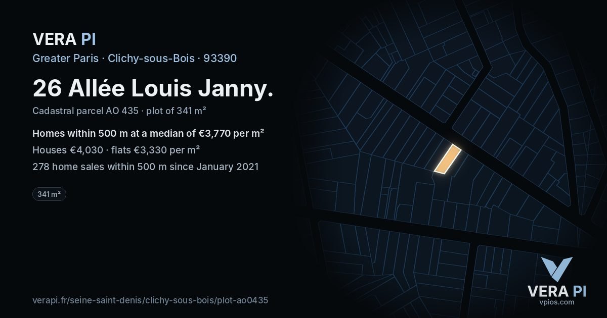 26 Allée Louis Janny, Clichy-sous-Bois at night – the plot lit, the parcels around coloured by the prices near them