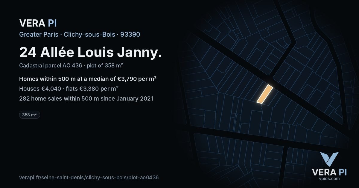 24 Allée Louis Janny, Clichy-sous-Bois at night – the plot lit, the parcels around coloured by the prices near them