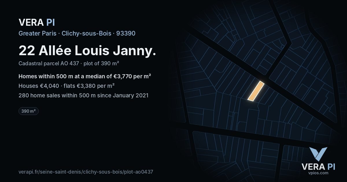 22 Allée Louis Janny, Clichy-sous-Bois at night – the plot lit, the parcels around coloured by the prices near them