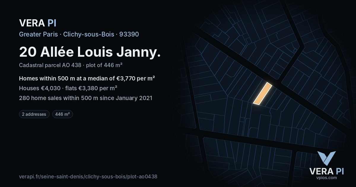 20 Allée Louis Janny, Clichy-sous-Bois at night – the plot lit, the parcels around coloured by the prices near them