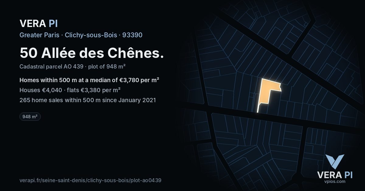 50 Allée des Chênes, Clichy-sous-Bois at night – the plot lit, the parcels around coloured by the prices near them