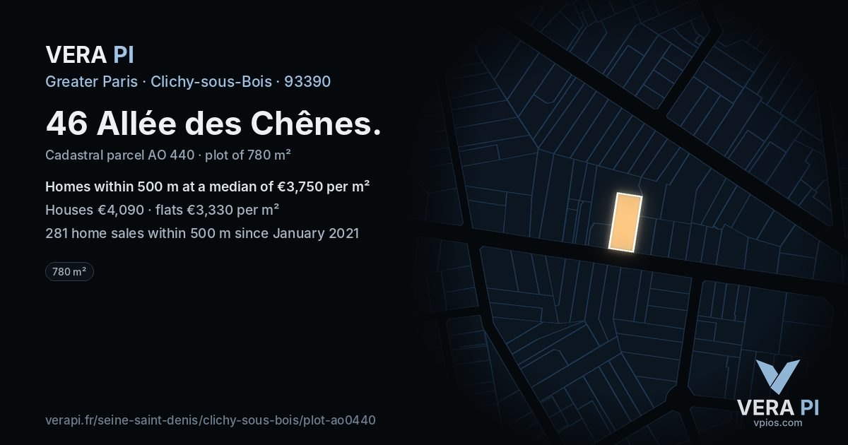 46 Allée des Chênes, Clichy-sous-Bois at night – the plot lit, the parcels around coloured by the prices near them