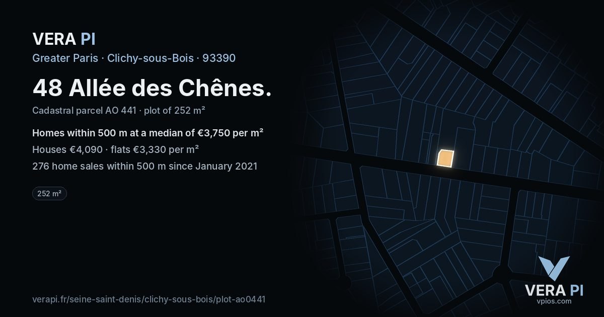 48 Allée des Chênes, Clichy-sous-Bois at night – the plot lit, the parcels around coloured by the prices near them