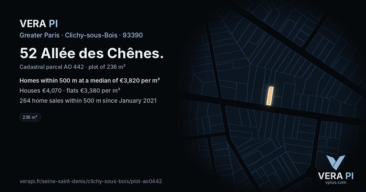 52 Allée des Chênes, Clichy-sous-Bois at night – the plot lit, the parcels around coloured by the prices near them