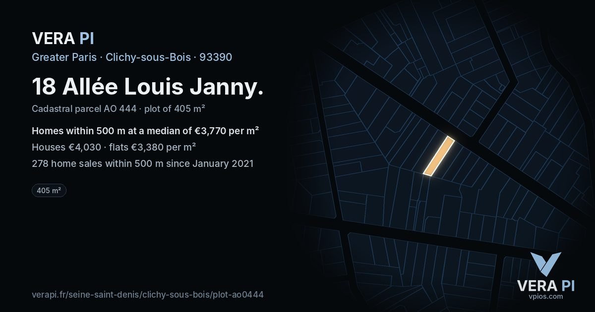18 Allée Louis Janny, Clichy-sous-Bois at night – the plot lit, the parcels around coloured by the prices near them