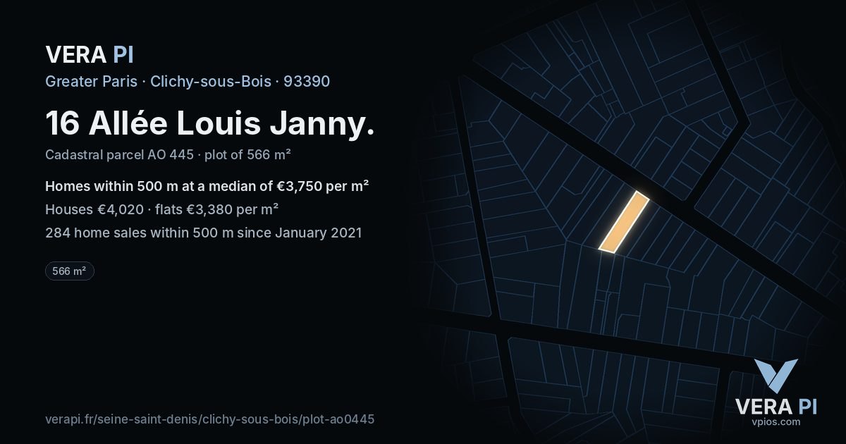 16 Allée Louis Janny, Clichy-sous-Bois at night – the plot lit, the parcels around coloured by the prices near them