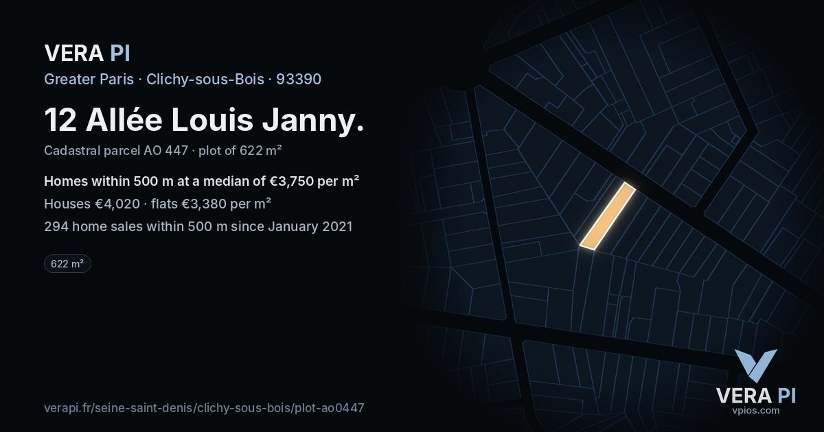 12 Allée Louis Janny, Clichy-sous-Bois at night – the plot lit, the parcels around coloured by the prices near them