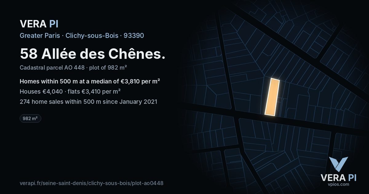 58 Allée des Chênes, Clichy-sous-Bois at night – the plot lit, the parcels around coloured by the prices near them