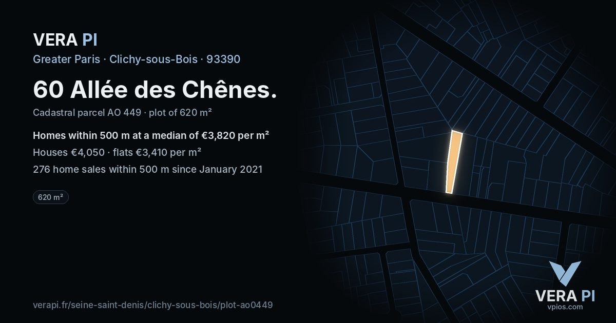 60 Allée des Chênes, Clichy-sous-Bois at night – the plot lit, the parcels around coloured by the prices near them