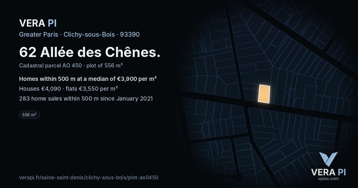 62 Allée des Chênes, Clichy-sous-Bois at night – the plot lit, the parcels around coloured by the prices near them