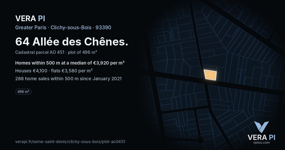 64 Allée des Chênes, Clichy-sous-Bois at night – the plot lit, the parcels around coloured by the prices near them
