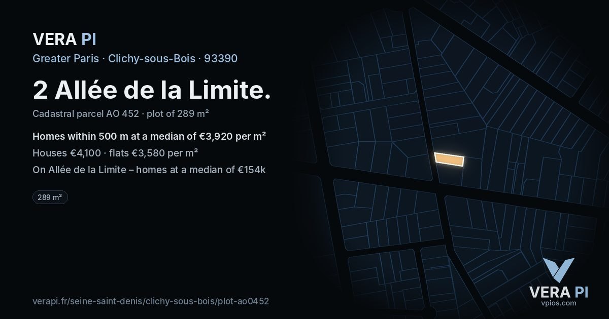2 Allée de la Limite, Clichy-sous-Bois at night – the plot lit, the parcels around coloured by the prices near them