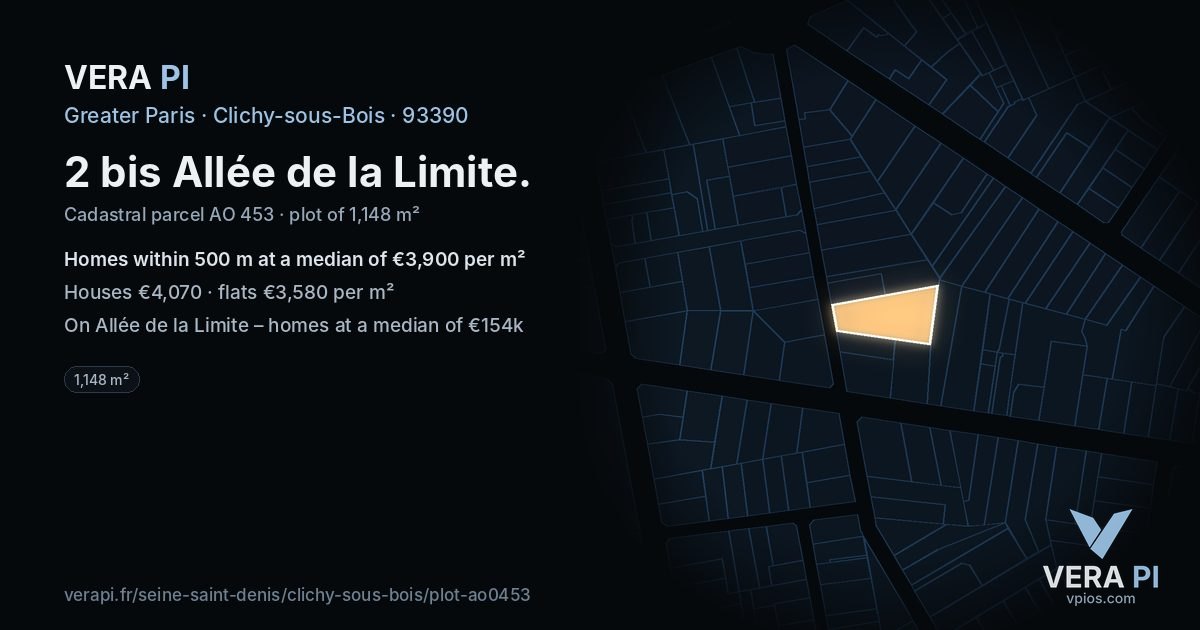 2 bis Allée de la Limite, Clichy-sous-Bois at night – the plot lit, the parcels around coloured by the prices near them