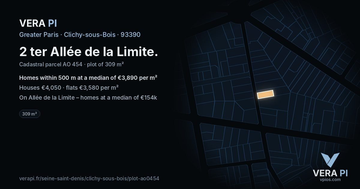 2 ter Allée de la Limite, Clichy-sous-Bois at night – the plot lit, the parcels around coloured by the prices near them