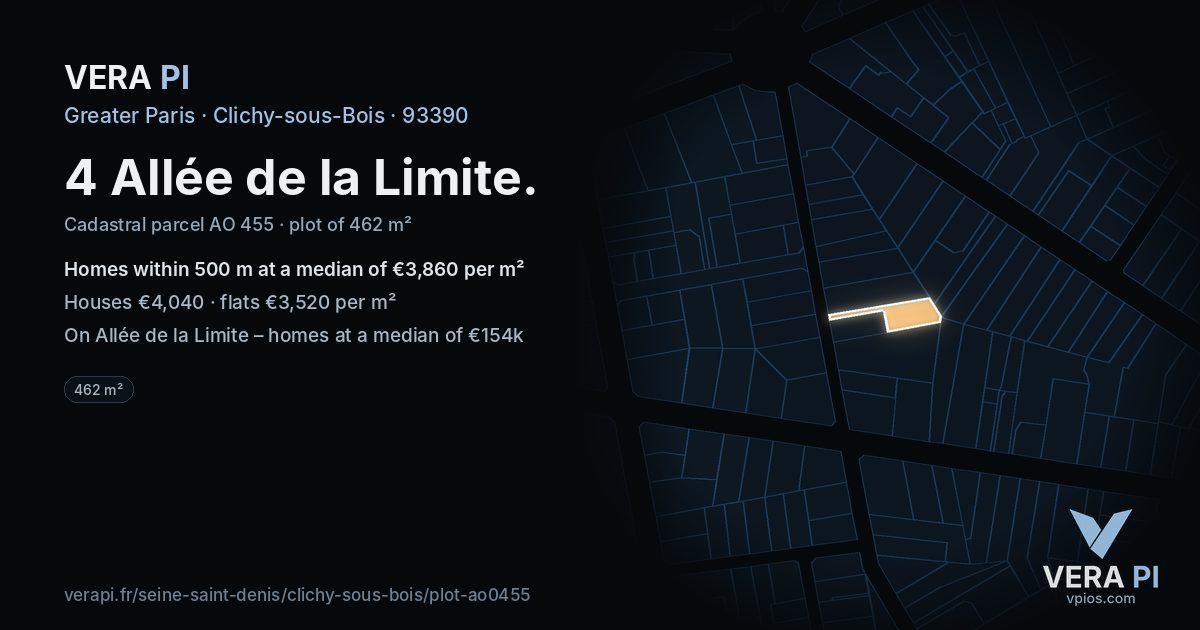4 Allée de la Limite, Clichy-sous-Bois at night – the plot lit, the parcels around coloured by the prices near them