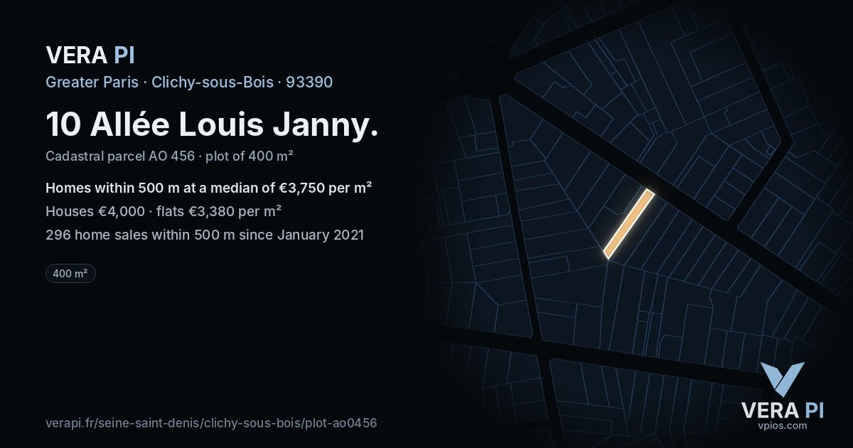 10 Allée Louis Janny, Clichy-sous-Bois at night – the plot lit, the parcels around coloured by the prices near them