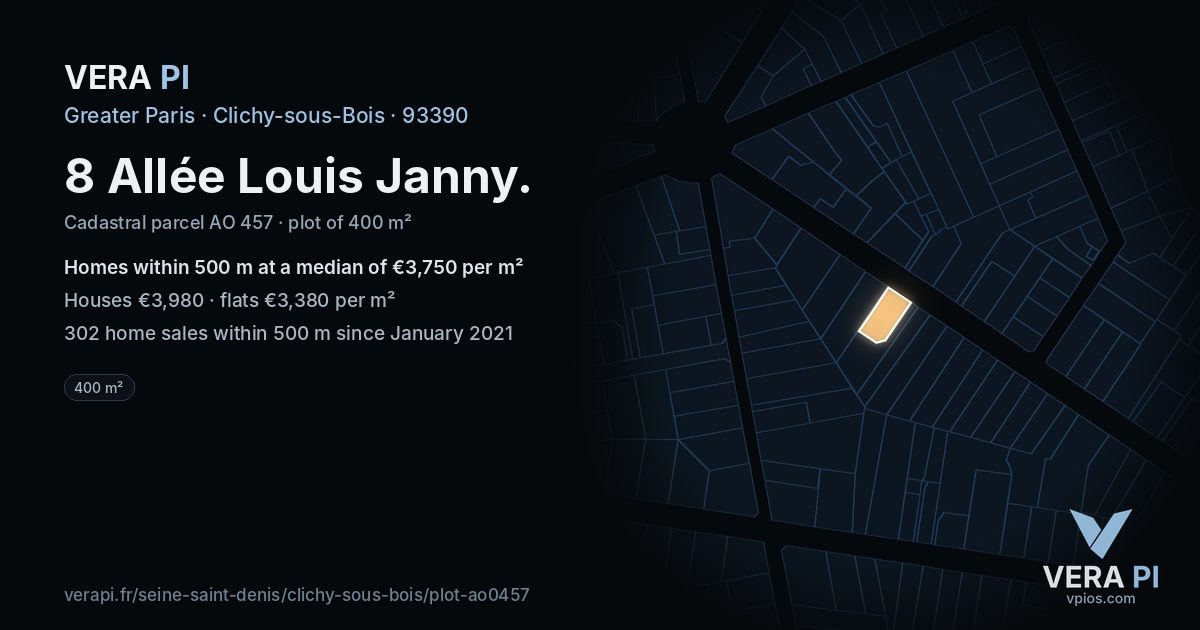 8 Allée Louis Janny, Clichy-sous-Bois at night – the plot lit, the parcels around coloured by the prices near them